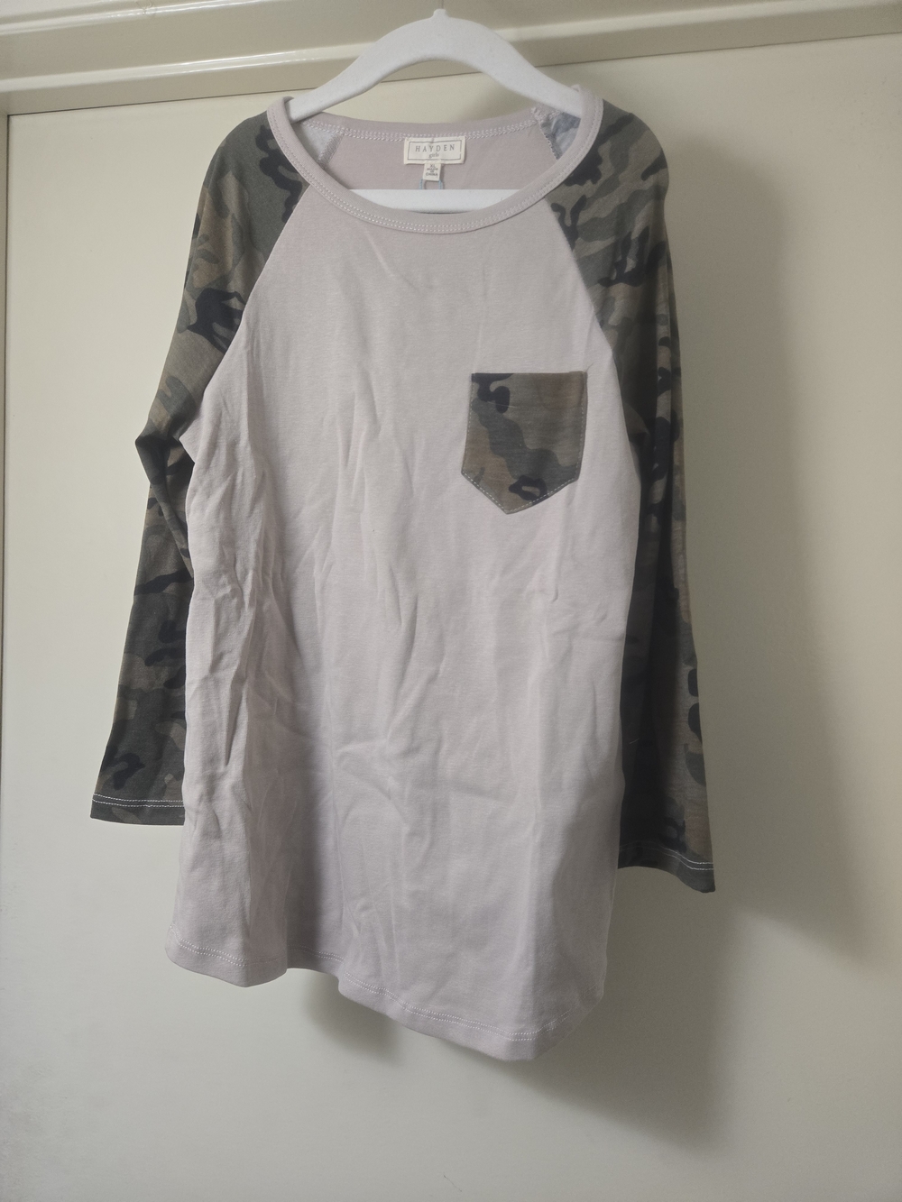 Hayden Girls Cream Raglan Tee with Camo Sleeves and Pocket